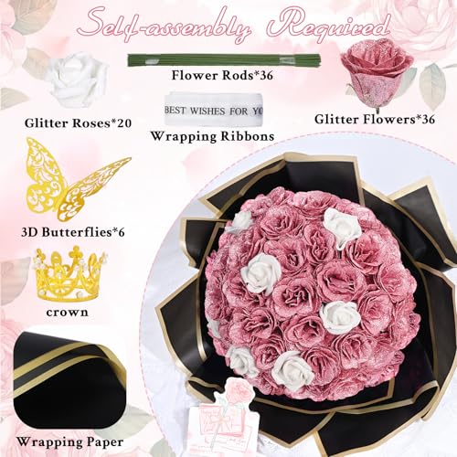 36+20 Glitter Roses Bouquet, DIY Fake Flowers Bouquet, Craft The Initials of Your Loves' Name with Artificial Rose for Valentines, Anniversary, Wedding, Rose Gold & White - color: Rose Gold & White