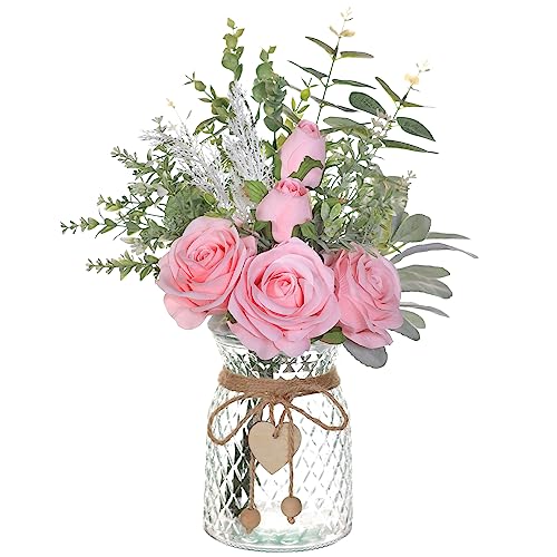 Faux Flowers with Vase,Artificial Silk Roses in Vase, Fake Plant Eucalyptus Flower Arrangement for Home Office Farmhouse Bathroom Dining Table Centerpiece Decorations Coffee Table Decor (Pink) - color: Pink