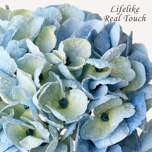 JINWOE Light Blue Flowers Hydrangea Artificial Flowers, 4PCS 21" Latex Real Touch Vintage Lifelike Silk Flowers,Faux Hydrangea Bouquet Fake Flowers for Wedding Centerpieces Tables Party Outdoor Home - color: Blue