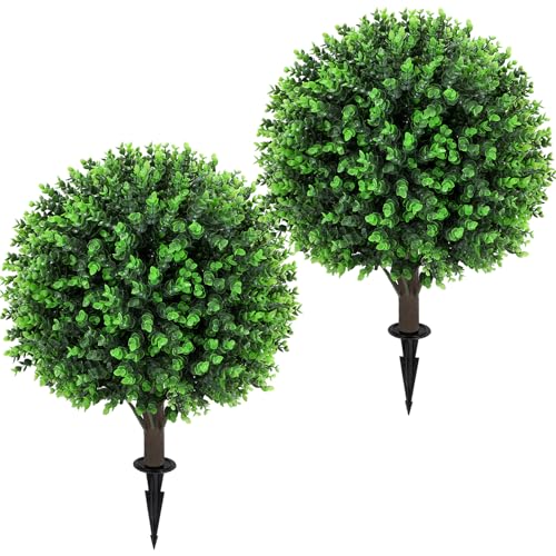 Artificial Green Eucalyptus Topiary Ball Tree 24" with Ground Spike, Set of 2 Artificial Boxwood Bushes for Faux Shrubs, Fake Evergreen Faux Plant for Indoor Outdoor Garden -UV Resistant–Fade-Proof - color: Green Eucalyptus