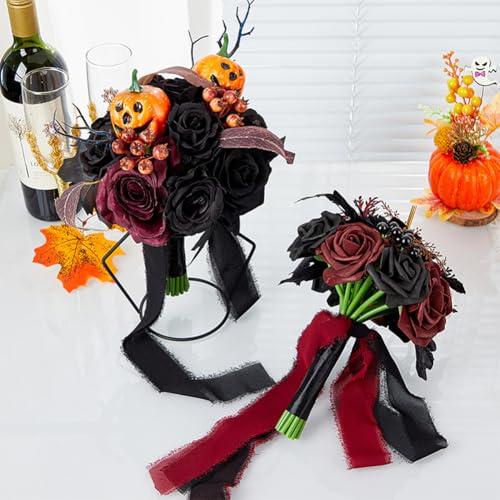 Wedding Bouquets for Bride and Bridesmaid - Black and Burgundy Gothic Bridal Flowers, Artificial Rose Bouquet - color: Red Black Rose