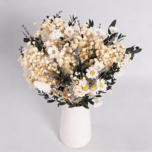 Handmade Dried Flower Bouquet – Natural White, Lavender, Baby’s Breath, Pampas Grass & Eucalyptus – Rustic Boho Style for Home Decor, Weddings, Gifts, and Events - color: White and Green