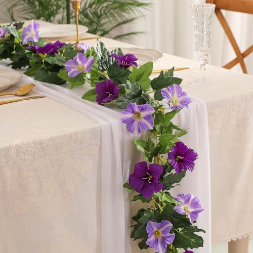 Floweroyal 4 Pack Artificial Flower Garlands 15.8FT Fake Morning Glory Vines Silk Flowers Hanging Garland Ivy for Wedding Arch Party Home Garden Wall Decor (Purple) - color: Morning Glory-purple, size: 4pcs