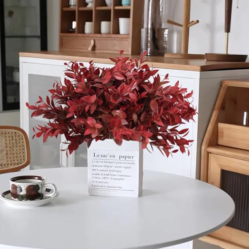 6 Bundles Artificial Fall Greenery Stems for Vase, 14.5" Fake Red Lucky Bamboo Leaves Faux Outdoor UV Resistant Shrubs Plants for Home Garden Patio Porch Farmhouse Pathway Thanksgiving Indoor Decor - color: Red