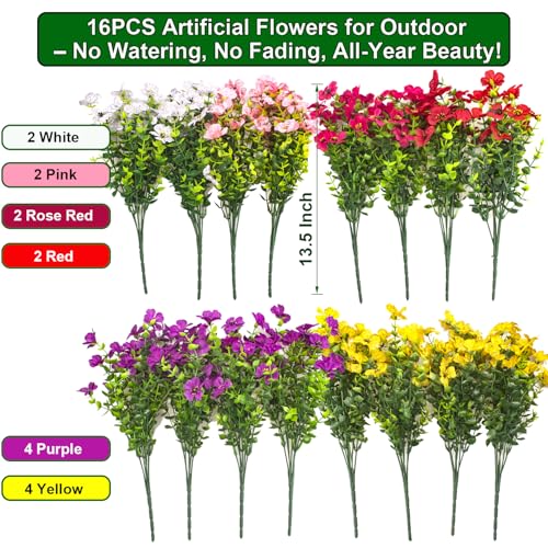 Grunyia Artificial Fake Flowers for Outdoor Decoration, 16 Bundles Faux Silk Colorful UV Resistant Realistic for Outside Porch Patio Home Yard Garden Planters Pots Window Box (Mix(6 Color)) - color: Mix(6 Color)
