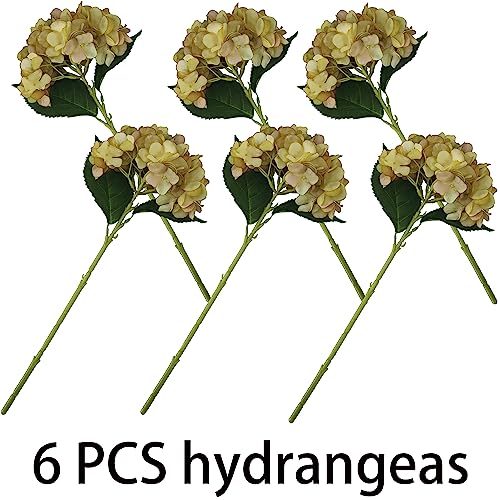 Hydrangea Artificial Flowers,6 Pcs Faux Hydrangea Flowers,Artificial OchreYellow Hydrangeas Flowers with Stems,Fake Hydrangeas,Yellow Silk Flowers with Stems for Home Decor - color: Ocher Yellow