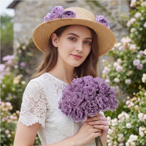Thiccywoov 200 Pcs Flowers Long Stem Artificial Rose Bulk, 3.2 Inches Silk Rose Head Flowers Faux for Wedding Bridal Bouquet Independence Day Home Floral DIY Centerpieces Party Decoration (Purple) - color: Purple