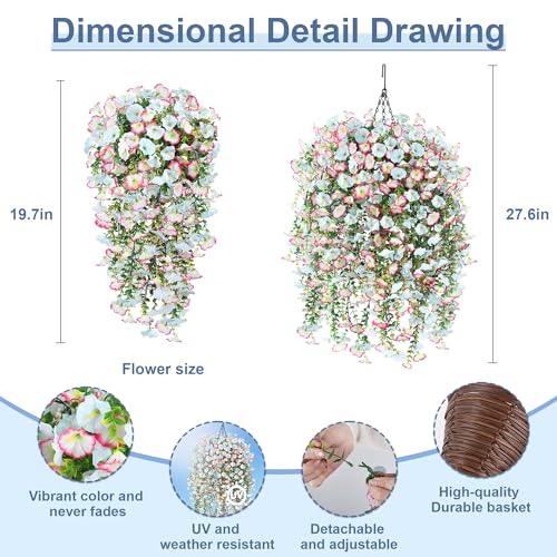 Artificial Hanging Flowers with Basket, 480 Blooms UV Resistant Faux Morning Glory Silk Plants, Fast & Easy Assembly Fake Hanging Baskets for Outdoor Porch Patio Garden Decor, Blue&White - color: Blue&white