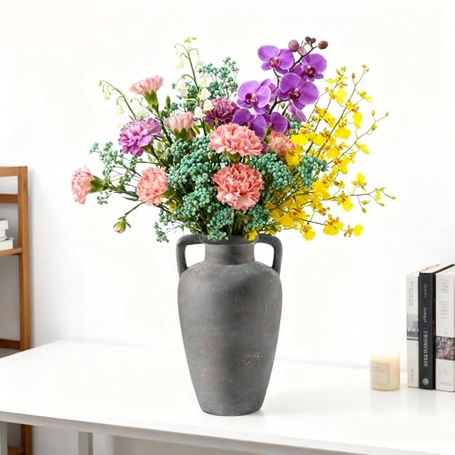 Ceramic Flower Vase with Handles, 11 inch Tall Vase for Centerpieces, Large Decorative Terracotta Vases, Farmhouse Rustic Vases for Home Decor, Living Room, Table, Neutral - color: 103-4-11.4in