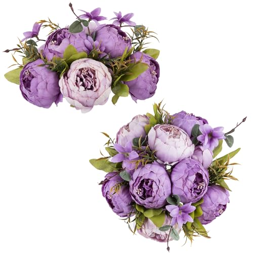 NUPTIO Peony Artificial Flowers for Centerpieces: 2 Pcs 9.4 inch Diam Purple Faux Peony Flowers Fake Flower Balls Arrangement Bouquet Wedding Centerpieces for Tables Wedding Centerpiece Decorations - color: Purple