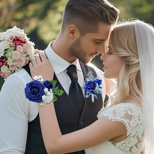 Corsage Wristlet and Boutonniere Set, Royal Blue Corsage Wristlet with Pearl Bracelets & Artificial Rose Flower for Men Wedding Suit, Homecoming, Prom Decorations, 2 Pack