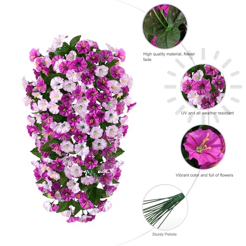 HyeFlora Artificial Fake Hanging Flowers Plants for Outdoor Outside, 2PCS Faux Silk Morning Glory Trailing Vines UV Resistant Look Real for Home Planter Porch Patio (Light Fuchsia+Fuchsia) - color: Light Fuchsia+fuchsia 2