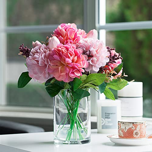ENOVA FLORAL Tulip Real Touch Artificial Flower Arrangement with Vase, Mixed Dahlia Silk Flower in Vase for Dining Table Decorations, Wedding Centerpiece (Pink) - color: T& Dahlia Pink