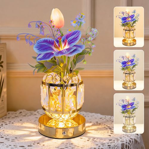 Flower Table Lamp, 3-Color Dimmable Tulip Artificial Flowers Night Light, Rechargeable Cordless Small Lamp, Ambient Light with Crystal Vase for Party Home Desk Decorations (Purple Blue - Flower) - color: Purple Blue - Flower