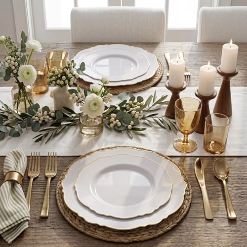 WDF 60pcs White and Gold Plastic Plates - Baroque White With Gold of 30 Heavy Duty Gold dinner plates 10.25inch, 30 Salad Plates 7.5inch Perfect for Wedding/Baby Shower/Spring - color: Gold, size: 60PCS
