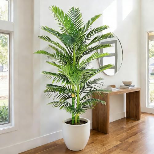 Artificial Golden Cane Palm Tree 7FT, Fake Palm Tree with Three Realistic Trunks and Lifelike Palm Leaves, Faux Palm Plant for Indoor Home Décor with Black Planter - color: Black, size: 7FT