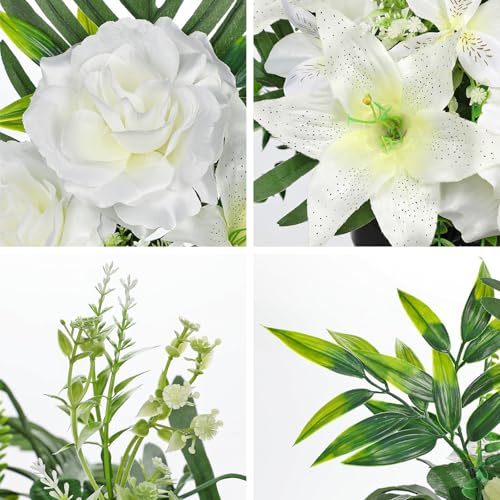Hollyone Artificial Cemetery Flower for Graves, White Faux Lily Rose Flowers in Pot Silk Cemetery Memorial Flowers for Outdoors Gravesites Headstones Home Decoration - color: White-rose Lily