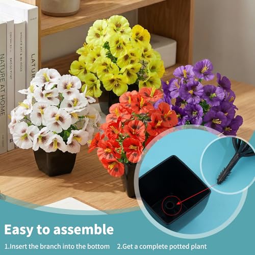 LOYWREE 4 Pack Small Faux Plants Spring Artificial Pansy Flowers Fake Plants Indoor Bathroom Accessories for Home Room Office Desk Decor(Black Square Pot) - color: Pansy-black Pot, size: Black Pot