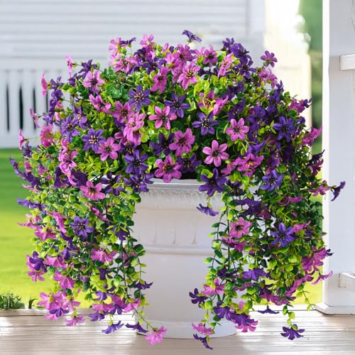 Homsunny Artificial Fake Hanging Flowers Plants for Outdoor Spring Summer Decoration, 2 PCS Faux Silk Flower Outside Planter UV Resistant Look Real for Front Patio Porch Home Decor (Double Purple) - color: Double Purple