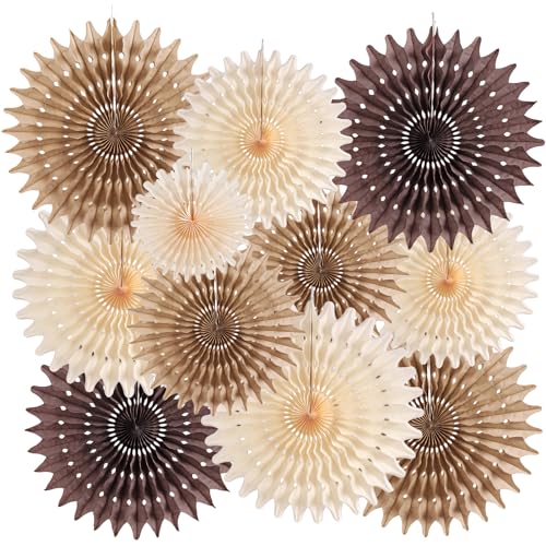 PAPER JAZZ 11 Pcs Brown Party Decorations Neutral Party Decorations Boho Themed Decoration for Western Party Honeycomb Paper Fans Rustic Baby Shower Birthday Wedding Graduation Party Supplies - color: Beige Braun