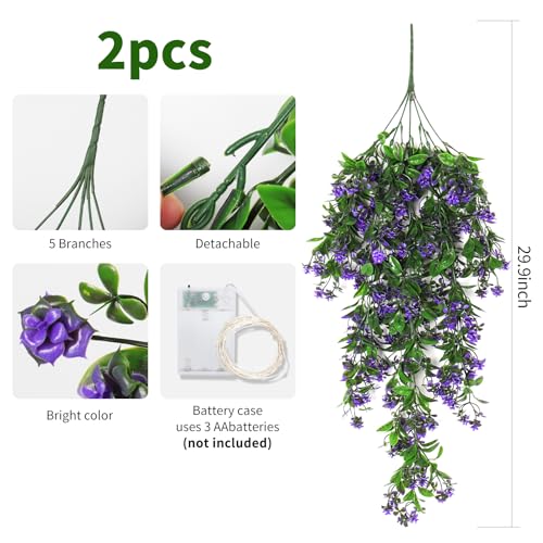 RECUTMS 2Pcs Artificial Hanging Plants Fake Hanging Plants Outdoor Greenery Artificial Hanging Flower for Outdoors Hanging Basket Home Garden Wedding Party Decorations (Lights Purple-Rose) - color: Lights Purple-rose
