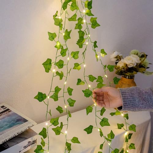 HEYFUNi Ivy Vines with Fairy Lights with Remote, 23 Ft 73 led Artificial Green Leaf String Lights USB/Battery Operated, Fake Vines for Bedroom Wall Aesthetic, Dorm, Room Decor, Warm White - color: IVY- Remote, size: 73 LED-USB & Battery