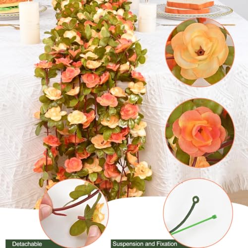 MARTINE MALL Flower Garland Rose Vines, 2 Strands 16.5Ft Flower Vines for Bedroom, Rose Flower Garland Decoration, Champagne and Orange Floral Garland for Room Birthday Wedding Party Garden Wall Decor - color: Champagne and Orange, size: 2 Packs