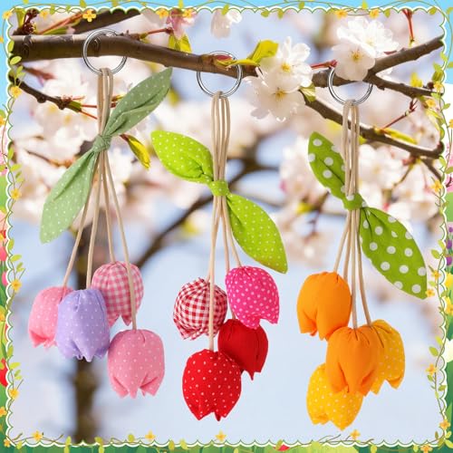 HunnmingRe 3 Pcs Spring Fabric Tulip Flowers Mother's Day Hanging Ornaments Handcrafted Artificial Tulip Pendant Flower Bouquet with Leaf Hanging Accessories for Women Mom Girl Keyring Bag Charm Gifts