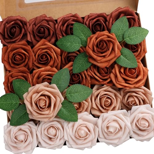 25pcs Artificial Flower，Real Looking Foam Roses w/Stem for DIY Wedding Bouquets Centerpieces Bridal Shower Party Decor-Shades of Burnt Orange - color: Shades of Burnt Orange