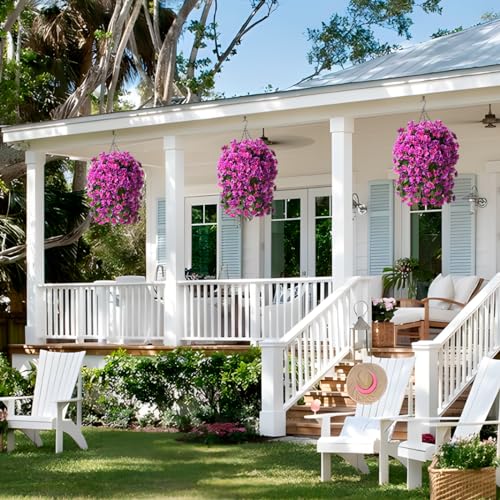INQCMY Artificial Fake Hanging Plants Flowers Basket for Spring Summer Outdoor Outside Decoration,Faux Silk Begonia Flower in Planter Look Real UV Resistant for Home Porch Patio Balcony Yard Decor - color: Light Purple