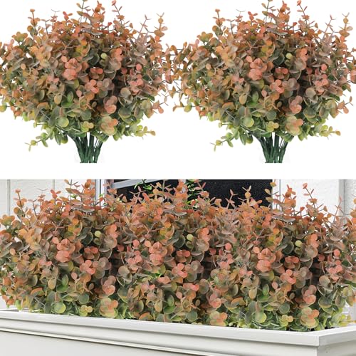 RECUTMS 8 Bundles Artificial Greenery Plants Stems Outdoor Fake Eucalyptus Plants Boxwood Bushes for Summer Farmhouse Office Vase Centerpiece Indoor Graduation Wedding Party Decor(Dusty Orange) - color: Dusty Orange, size: 8 Pcs