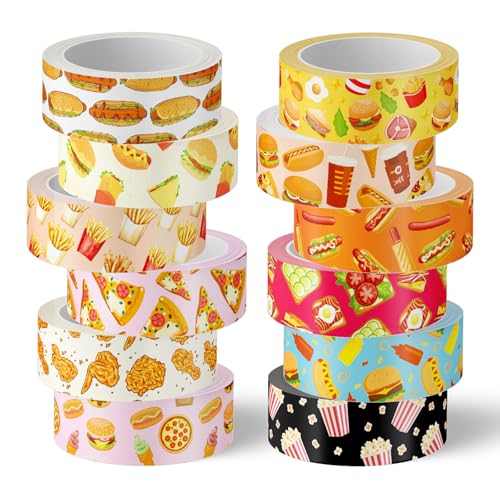 FYSUIMU 12 Rolls Cute Food Washi Tape Cartoon Yummy Fast Food Masking Tape Set Decorative Wrapping Paper Tapes for Scrapbook Journal DIY Art Crafts - style: Cute Food