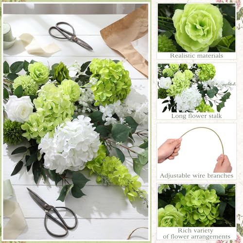 Suncalla 36 Pcs Green Artificial Flowers Bouquet Set 8 Kind Faux Delphinium Rose Peony Chrysanthemum Hydrangea Baby's Breath Florals with Greenery Long Stem for Wedding Table Vase Decor - color: Green