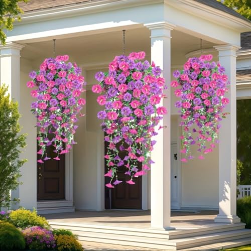 2 Sets of Hanging Flowers, Mixed Textile Morning Glory and Eucalyptus Leaves, UV-Resistant, Real Artificial Plants - color: Violet