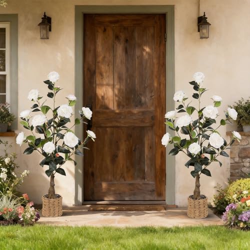 Artificial Camellia Tree 2 Pack, 3Ft Faux White Camellia Plant in Pot, Fake Outdoor Tree Camellia Flower Tree for Home Office Living Room Floor Indoor Decor - color: White