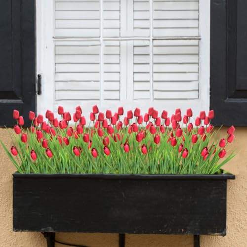 10 Bundles Artificial Tulips Flowers Outdoor,16.5 inch UV Resistant Fake Tulips Real Touch Flowers,Faux Tulips Realistic Flowers for Home Garden Outside Wedding Decor (Rose Red) - color: Rose Red