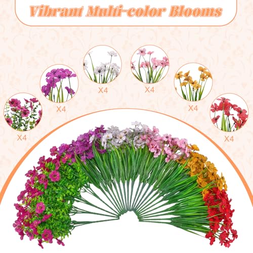 Ammyoo 24 Bundles Artificial Flowers for Outdoor Decoration, Fake Flowers No Fade UV Resistant Faux Silk Flower Plants for Outside Planters Garden Yard Porch Patio Balcony Indoor Decor(6 Colors) - color: 6 Colors