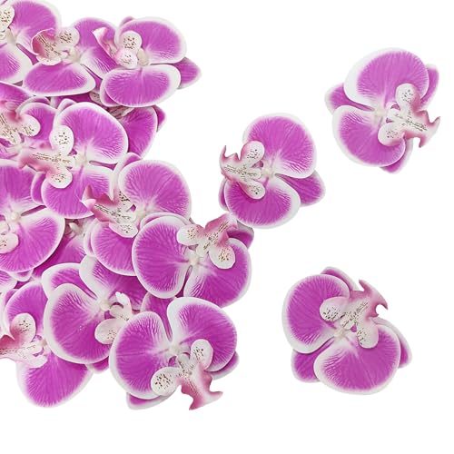 Fake Orchids Artificial Flowers Heads, 3.5''Fake Orchid Heads for Wedding Floral Bouquet Decor DIY Craft Making Bridal Shower Photography Props (80, Rose red with White Edge) - color: Rose Red With White Edge