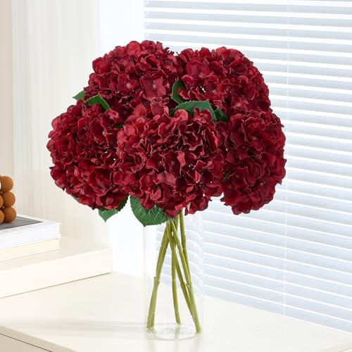 8Pcs Burgundy Fake Flowers Silk Hydrangea Artificial Flowers Bouquets Faux Hydrangea Stems for Home Table Centerpieces Wedding Party Decoration - color: Burgundy