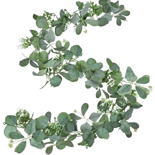 6.2ft Artificial Eucalyptus Garland with Butterfly Leaves and White Flowers – Full Faux Greenery Vine for Wedding Arch, Fireplace Mantel, Table Centerpiece, Party and Home Decor - color: Green