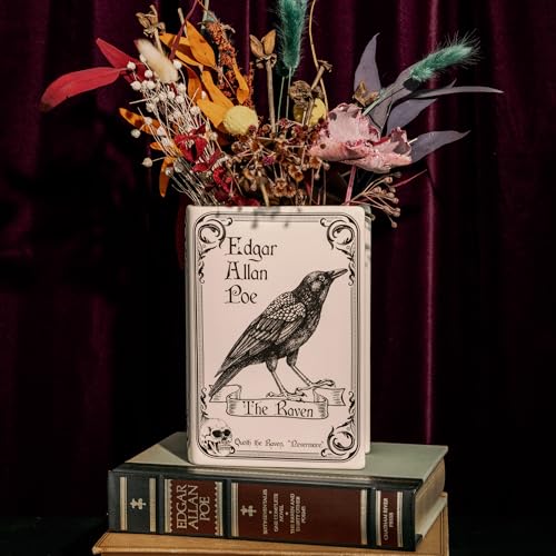 Steel Mill & Co Original Large Book-Shaped Decorative Vase, Ceramic Vases for Home Decor, Gothic Bookshelf Decor, Unique Vase for Book Lovers (The Raven - White)