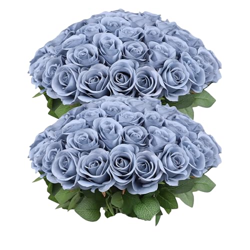 JUSMAI 50pcs Roses Artificial Flowers Dusty Blue Silk Roses with Long Stems Fake Flowers for Wedding Bouquet Centerpices Decorations Party Bridal Baby Shower Home Decor - color: Dusty Blue, size: 50PCS