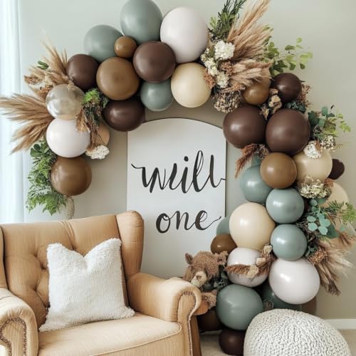Dusty Green Nude Balloon Arch Double Stuffed Sage Green Brown Beige White Sand Cream Balloon Garland Kit for Neutral Baby Shower Birthday Wedding Woodland Wild One Dinosaur Fall Boho Party Decor - color: Dusty Green Nude