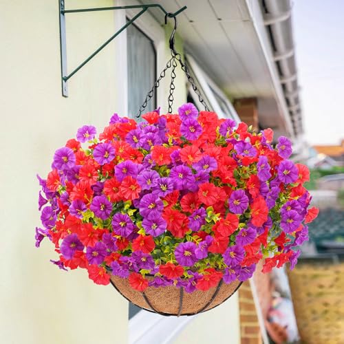 Elyum Artificial Hanging Flowers for Outdoors, Fake Flowers Artificial Petunias Hanging Baskets for Outdoors, UV Resistant Fake Hanging Plants Flowers for Outside Garden Patio Porch Decor - color: Purple&red, size: 1 Pack