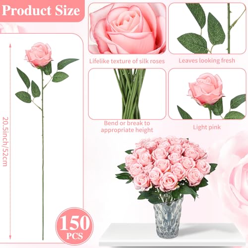 150 Pcs Roses Artificial Flowers, Silk Light Pink Artificial Flowers Petals Long Stem Roses for Wedding Bouquet Home Party Decor - color: Light Pink