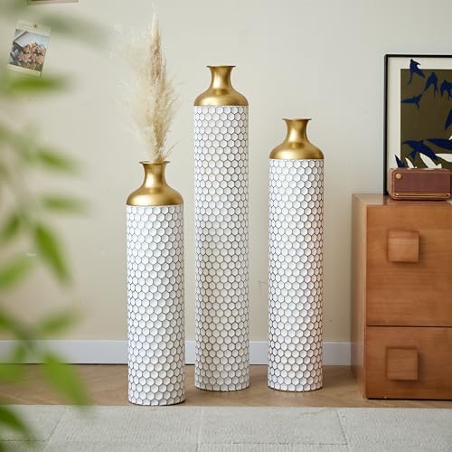 White Tall Floor Vase:24.4/28.7/33.4in Extra Large Metal Decorative Vases Modern Honeycomb Set of 3 for Living Room Dining Bedroom Home Corner Indoor - color: Floor Vase White Honeycomb