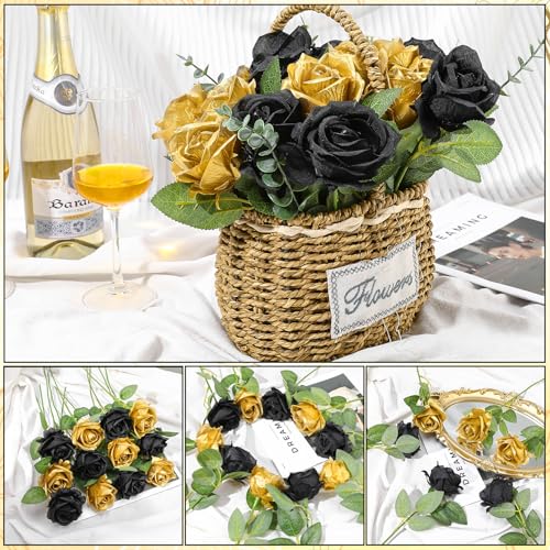 24 Pcs Black,Glod Rose Artificial Flowers with Long Stem Real Touch Silk Roses Bulk for Wedding, Party, Table Centerpieces Bouquet, Bridal, Home Decor - color: Glod,black