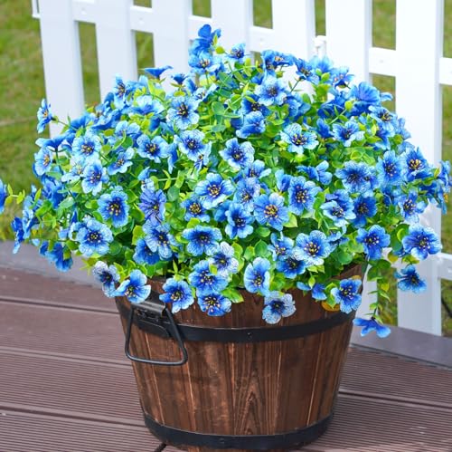 HyeFlora Artificial Flowers for Outdoor Indoor Garden Home Decoration, Faux Flower Daisy with Eucalyptus Leaves Fake Plants Greenery Boxwood Porch Patio, 12 Bundles (Blue) - color: Blue