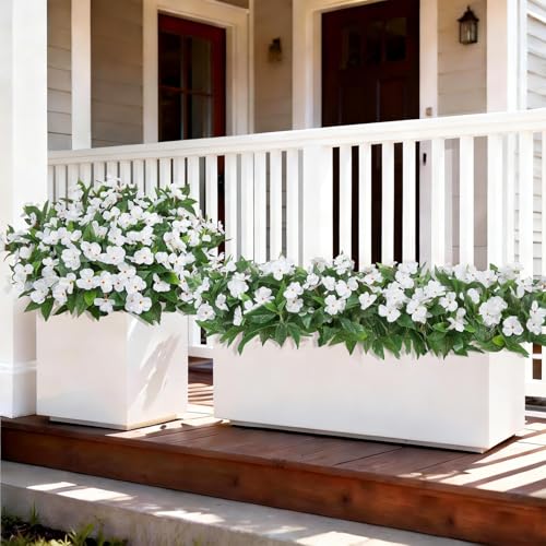 Artificial Flowers for Outdoors Decorations, 6 Bundles Realistic Impatiens Silk Faux Flowers UV Resistant Fake Plants for Outside Pot Patio Garden Porch Planters Window Box Balcony Indoor Home Decor - color: White