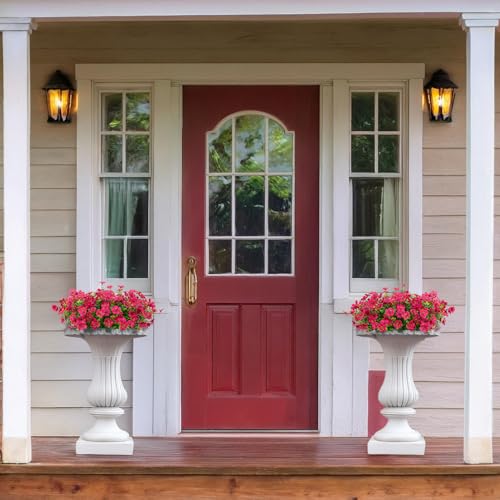 LikSoor 16 Bundles Artificial Flowers Outdoor Spring Summer Decoration Fake Silk Colorful Daisy Eucalyptus Realistic UV Resistant Outside Faux Plants for Garden Porch Window Box Home Decor (Rose Red) - color: Rose Red